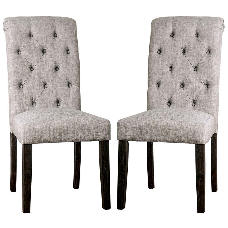 Side Chair with Button Tufted Backrest, Set of 2, Gray-Benzara