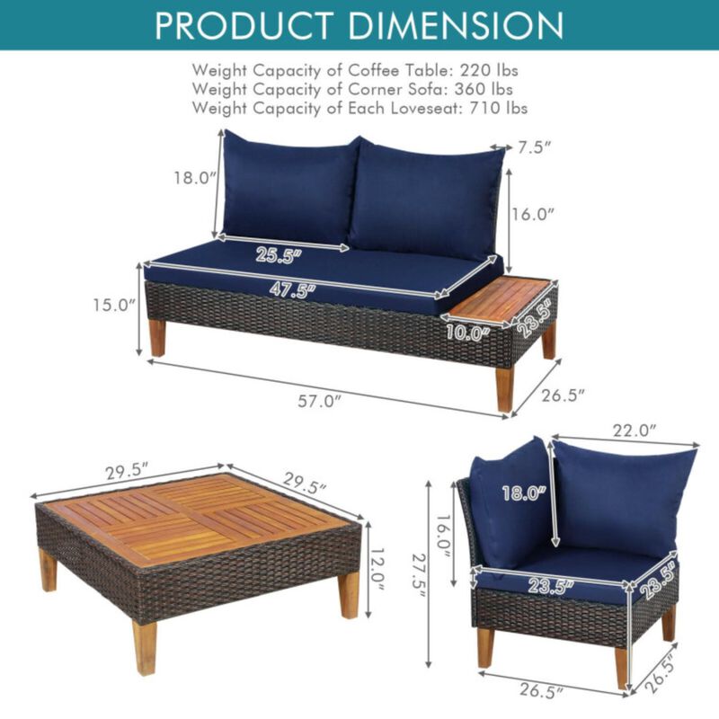 Hivvago 4 Pieces Patio Cushioned Rattan Furniture Set with Wooden Side Table