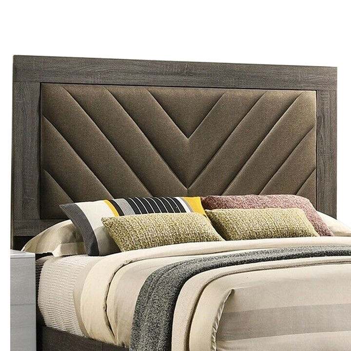 Cato Upholstered California King Bed, Tufted Brown Headboard, Dark Gray - Benzara