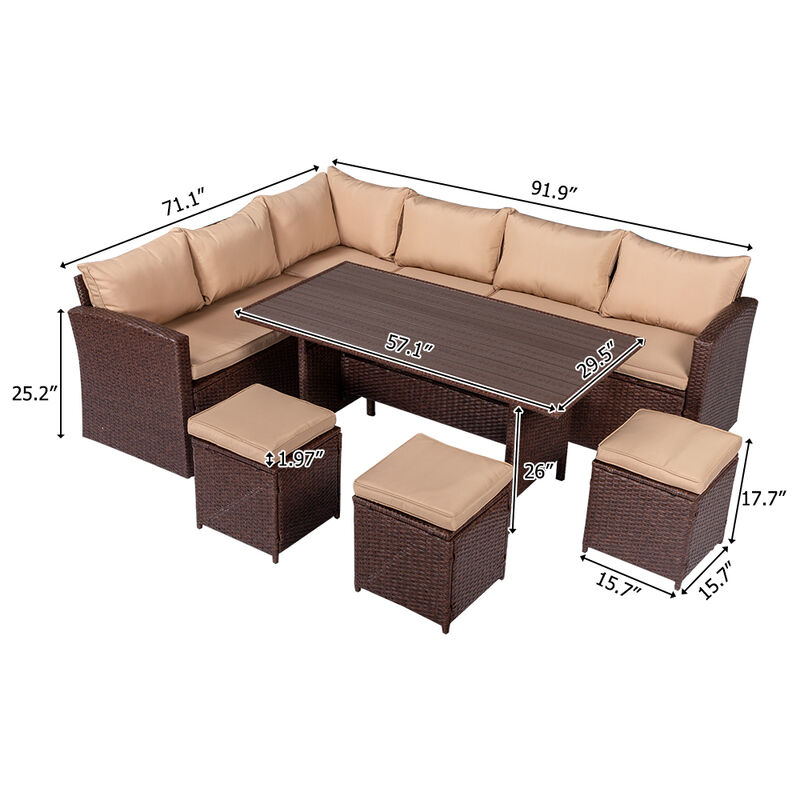8-Piece Outdoor Rattan Dining Set, Wood Grain with Khaki Cushions