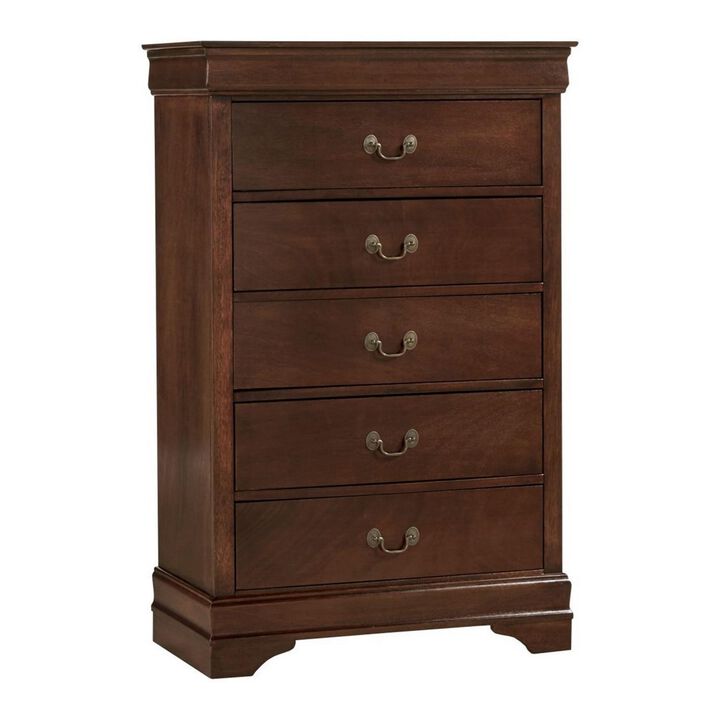 5 Drawer Wooden Chest with Metal Hardware, Cherry Brown - Benzara