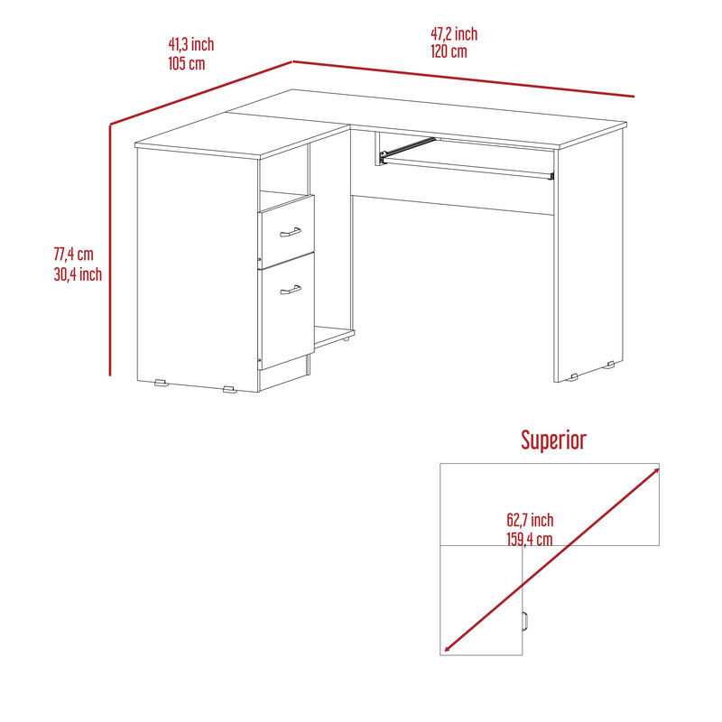 DEPOT E-SHOP Idra L-Shaped Desk, Keyboard Tray, Two Drawers, One Open Shelf, Smokey Oak