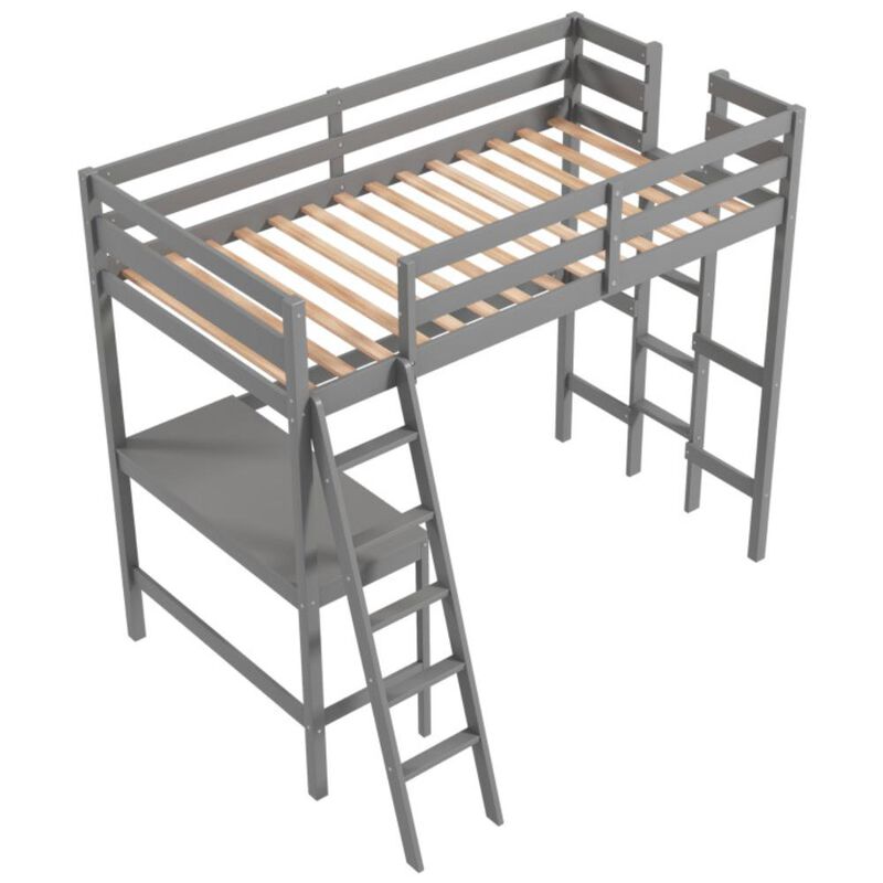 Hivvago Twin Size Loft Bed Frame with Desk Angled and Built-in Ladder