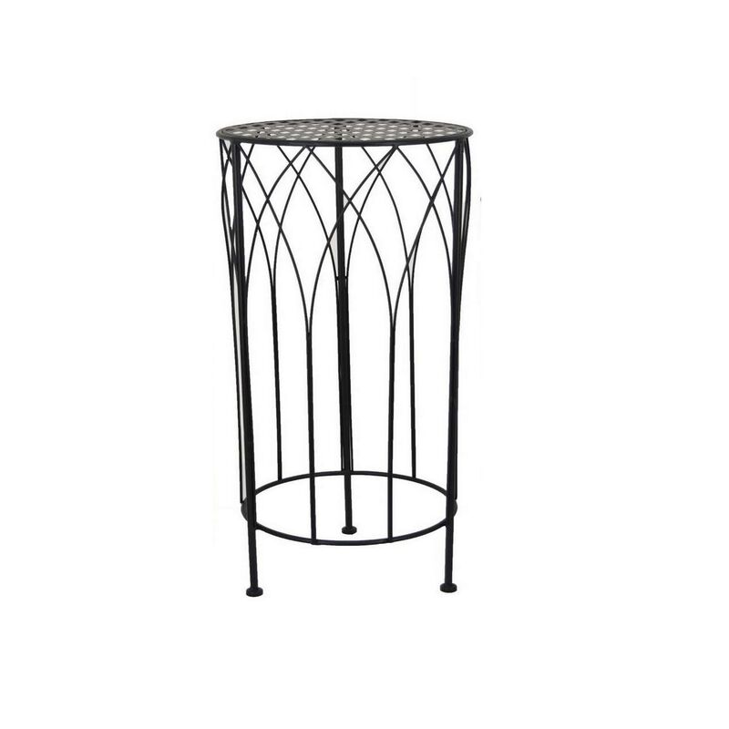 Lyi Plant Stand Table Set of 3, Round Carved Cutout, Wired Base Black Metal - Benzara