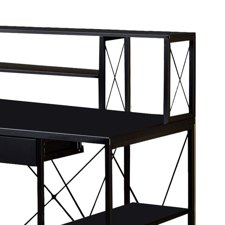 Industrial Style Desk with 4 Open Selves and Bookcase Hutch, Black-Benzara