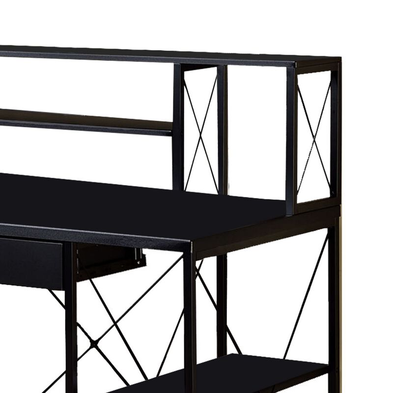 Industrial Style Desk with 4 Open Selves and Bookcase Hutch, Black-Benzara