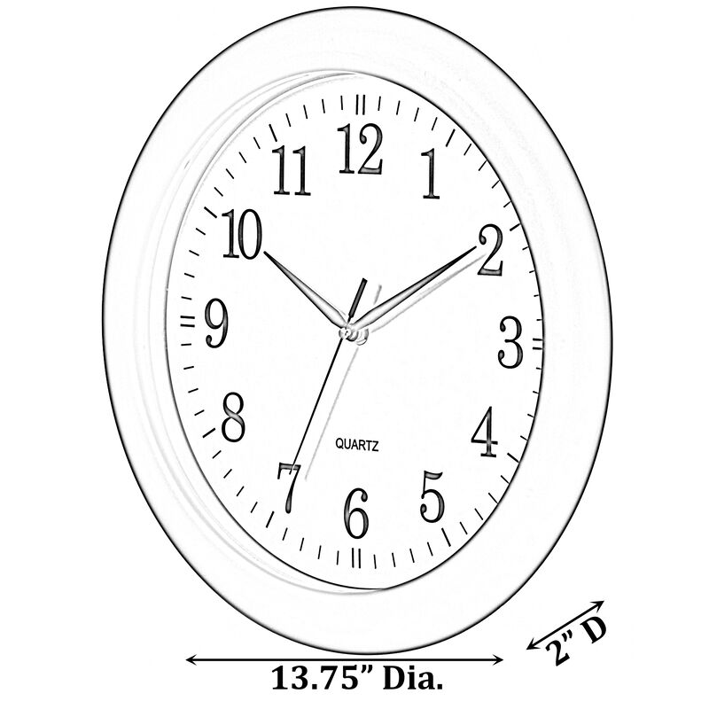 Set of 2 13.75 Inch Plastic White Round Silent, Non-Ticking Battery Operated Simple Modern Analog Wall Clock. Perfect for Office, Classroom, Living Room, Dining Room, Bed Room and Kitchen Wall Decor.