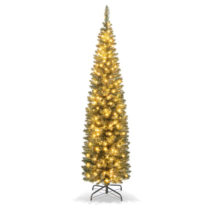 Hivvago 5/6/7/8/9 Feet Pre-lit Pencil Artificial Christmas Tree with 150/180/200//300/400 Warm White LED Lights