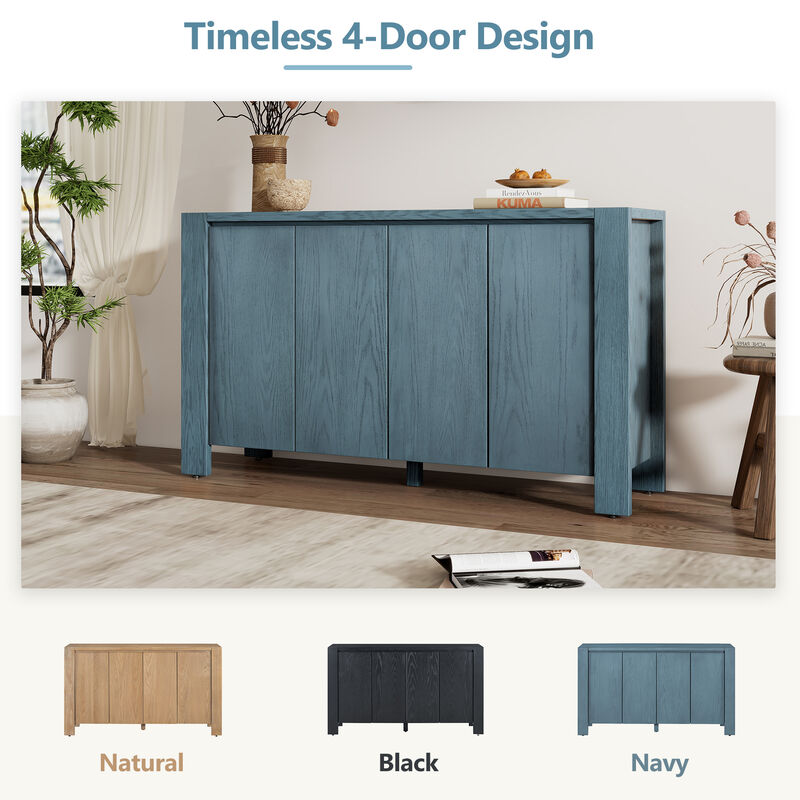 Clihome Buffet Cabinet with Storage, 4-Door Retro Wood Sideboard with Distressed Finish and Adjustable Shelves for Dining Room, Kitchen, and Living Room (Navy)