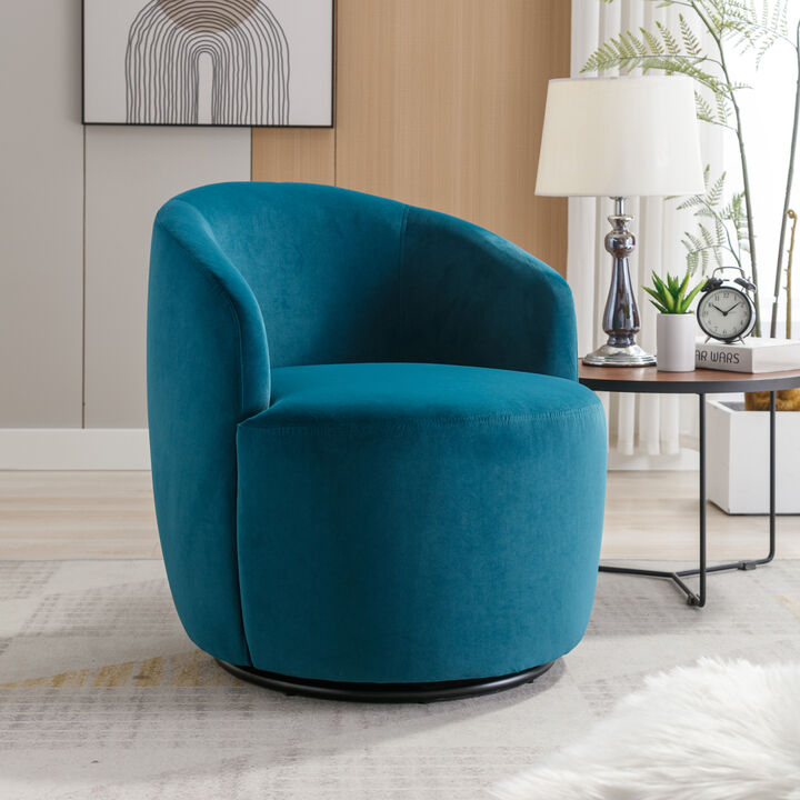 Velvet Fabric Swivel Accent Armchair Barrel Chair With Powder Coating Metal Ring, Teal