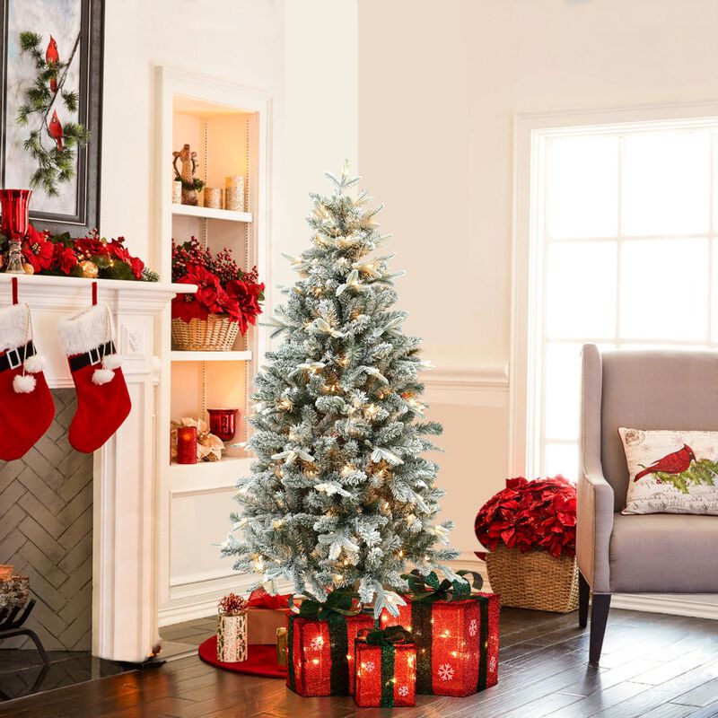 LuxenHome 5Ft Pre-Lit Full Artificial Flocked Christmas Tree