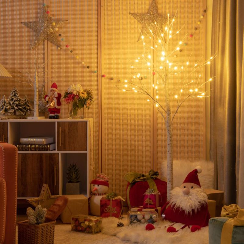 Hivvago 5 Feet Pre-lit White Twig Birch Tree with 72 LED Lights for Christmas
