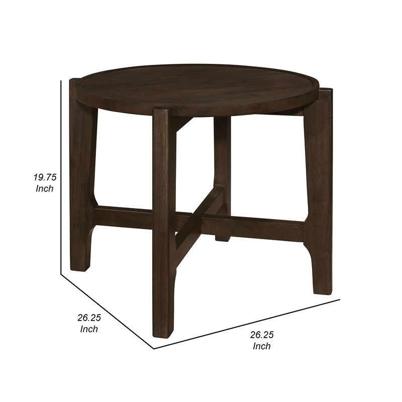 Katie End Table, Round 26 Inch Top, Dark Brown Solid Wood, Cross Beam Legs - Benzara