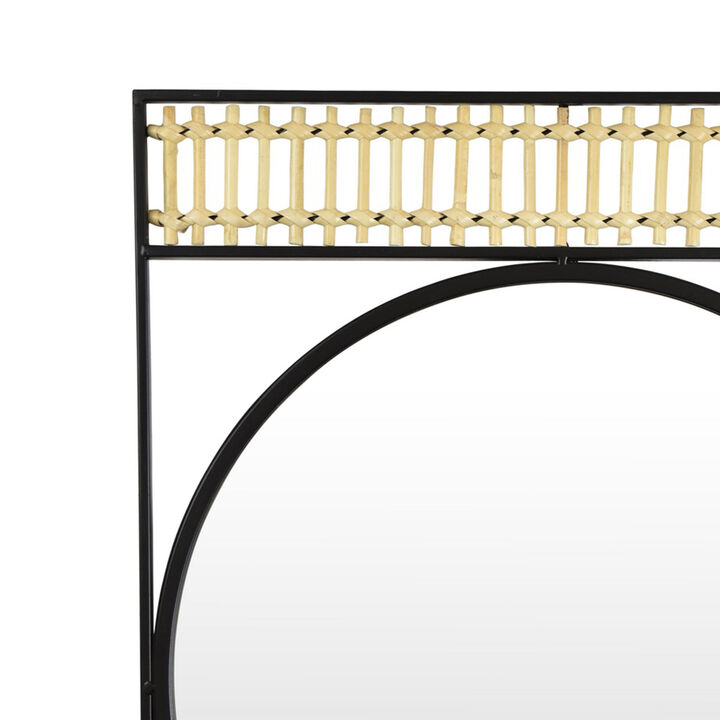 Zine Mirror Wall Decor, Round Glass, Woven Border, 19 x 27 Black Metal - Benzara