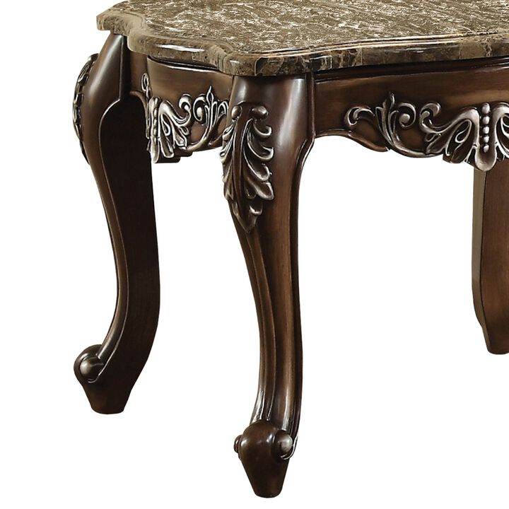 Wooden End Table with Marble Top in Antique Oak Brown-Benzara