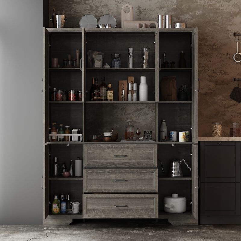 FUFU&GAGA Modern Light Wood Sideboard – 6 Doors, 3 Drawers & Open Shelf, Spacious P2-Grade MDF Dining Room Buffet Cabinet (63" W x 15.7" D x 78.7" H), Light Wood