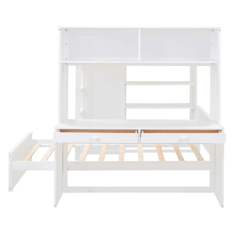 Full Size Loft Bed With A Twin Size Stand-Alone Bed, Shelves, Desk, And Wardrobe