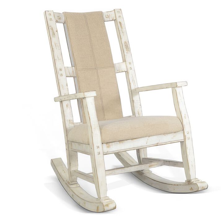 Rena Rocking Chair, Cushion Seat and Back, White Mahogany Mindy Wood - Benzara
