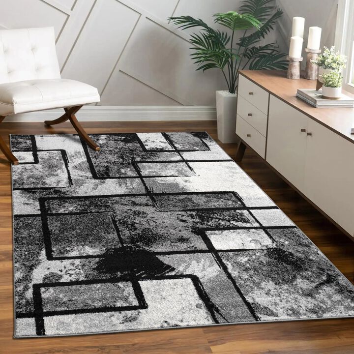 Black-White Area Rug with Modern Abstract Paint Effect