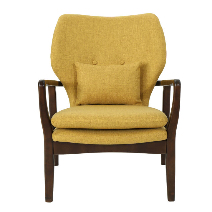Keya Accent Chair, Mustard Yellow Fabric, Button Tufted Back, Accent Pillow - Benzara