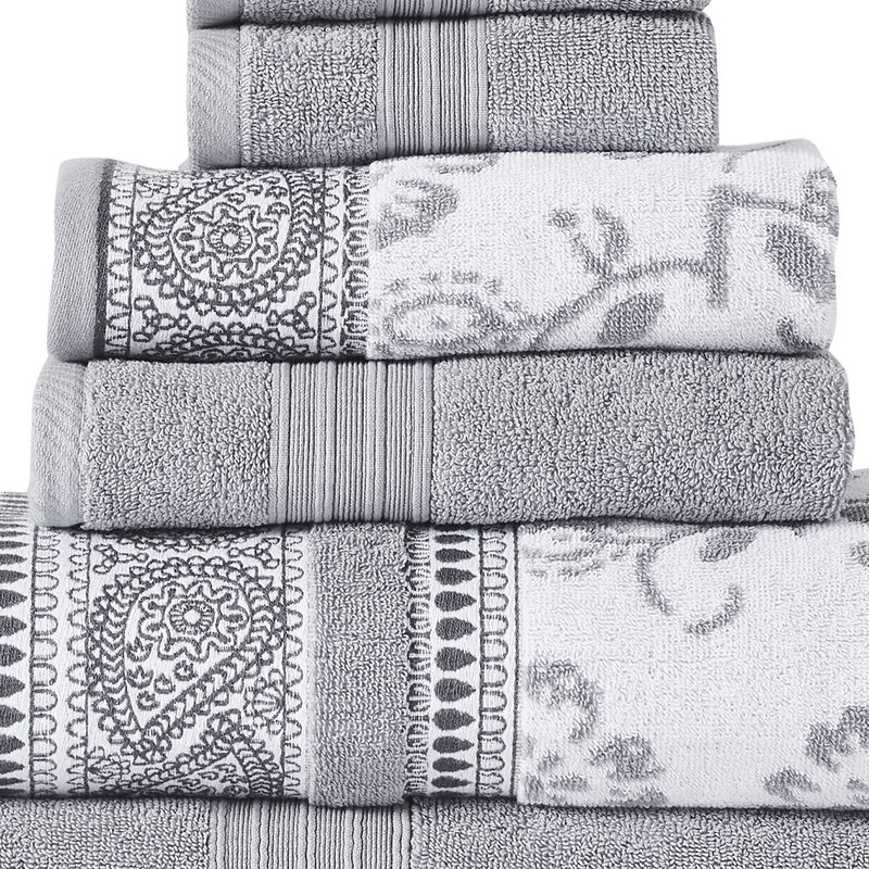 Veria 6 Piece Towel Set with Paisley and Floral Motif Pattern The Urban Port, Gray - Benzara