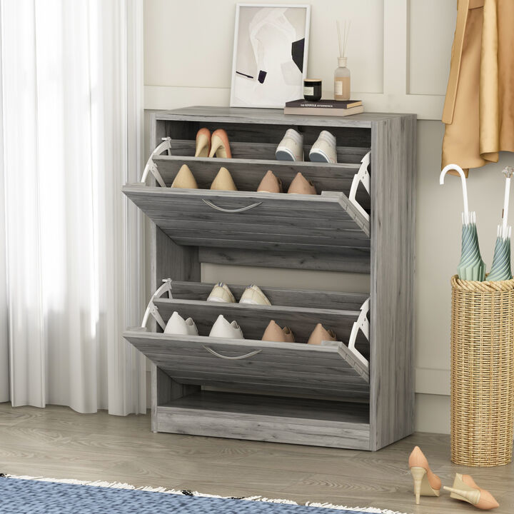 22.4 in. W x 29.5 in. H Gray Wood Louver Door Shoe Storage Cabinet with 2-Drawers for Entryway Hallway