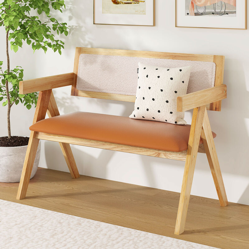 Rubber Wood Dining Bench with Armrest Sherpa Upholstered Backrest and Soft-padded Seat