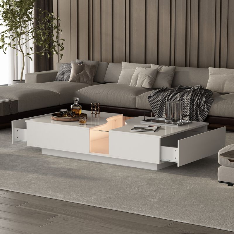 55.1 in. W White Rectangle Wooden End Table, Side Table, Coffee Table with 2-Drawers and Visable Decored Light
