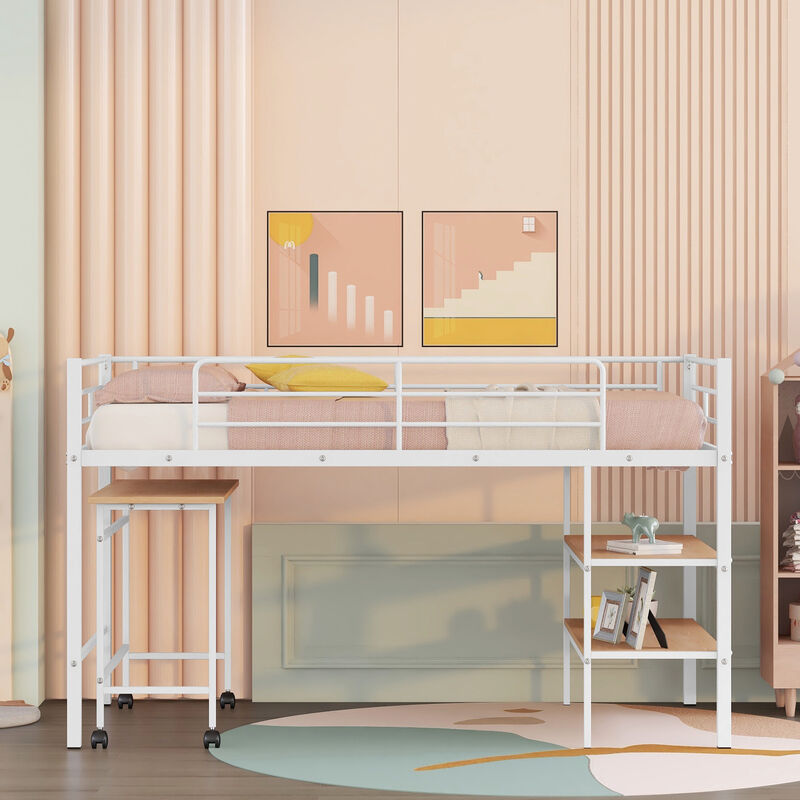 Merax Metal Loft Bed with Movable Desk and Shelves