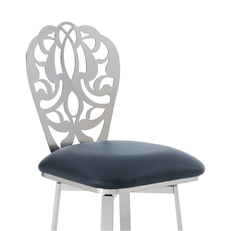 Cherie Contemporary Bar Height Barstool in Brushed Stainless Steel Finish and Gray Faux Leather