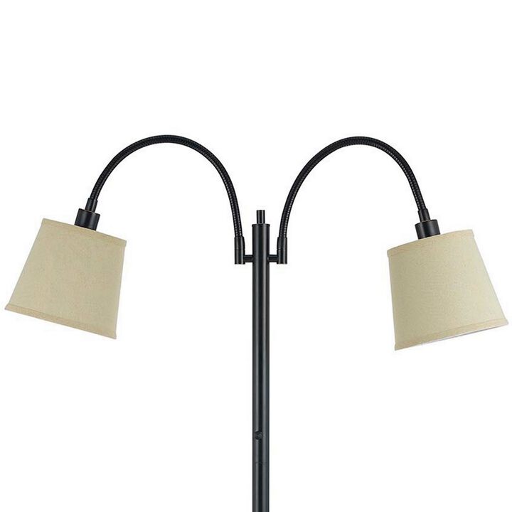80 Watt Metal Floor Lamp with Dual Gooseneck and Uno Style Shades, Black-Benzara