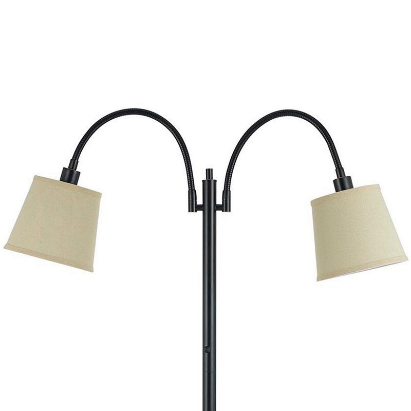80 Watt Metal Floor Lamp with Dual Gooseneck and Uno Style Shades, Black-Benzara