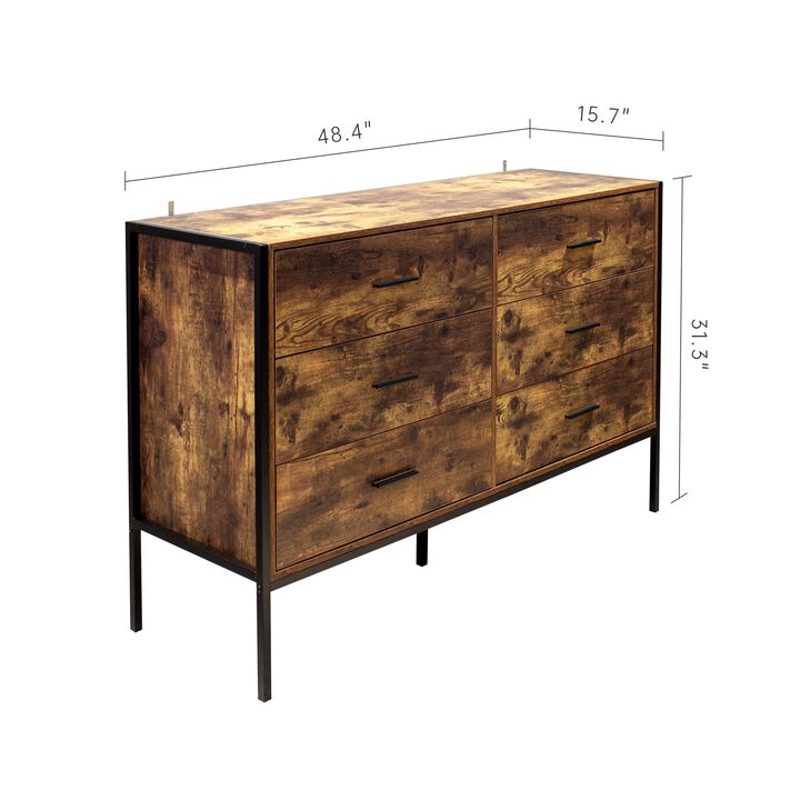 Industrial 6-Drawer Dresser with Wood Finish and Steel Frame for Bedroom