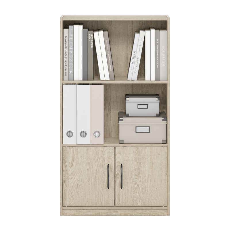 Furinno Gruen 3-Tier Open Shelf Bookcase with 2 Doors Storage Cabinet, Metropolitan Pine