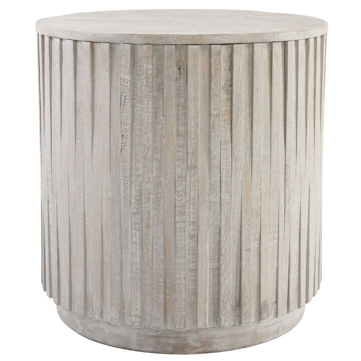 Mai 24 Inch Round End Table, Solid Wood, Fluted Design, Antique White-Benzara