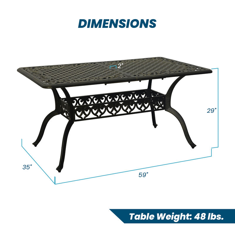 MONDAWE 59. in Cast Aluminum Patio Rectangular Foldable Dining Table with Umbrella Hole in Antique Bronze