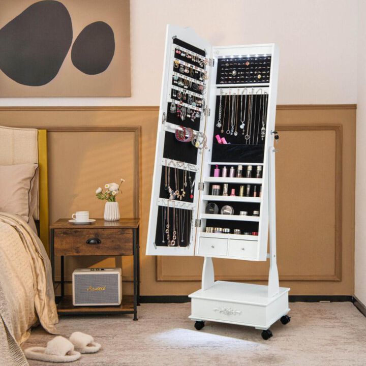 Hivvago Rolling Floor Standing Mirrored Jewelry Armoire with Lock and Drawers