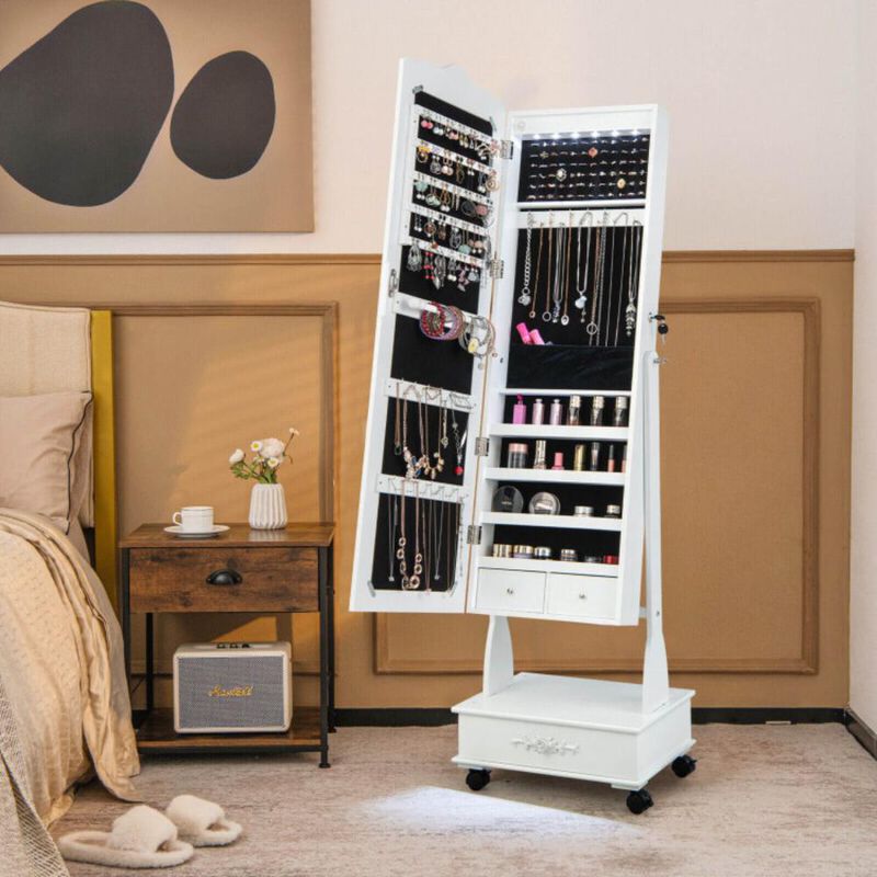 Hivvago Rolling Floor Standing Mirrored Jewelry Armoire with Lock and Drawers