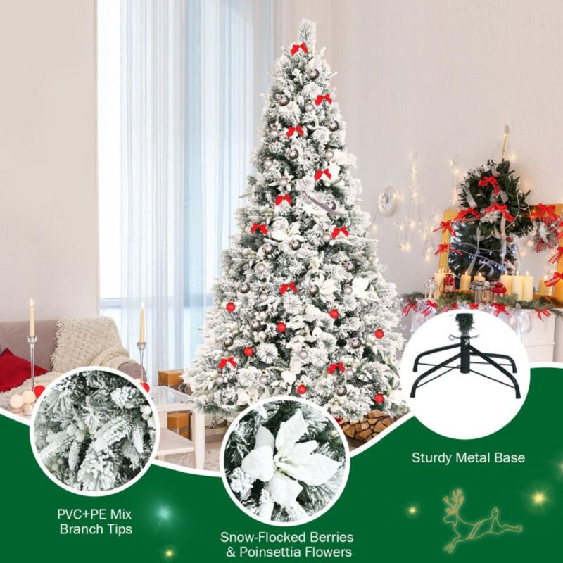 Hivvago 7 Feet Snow Flocked Christmas Tree with Poinsettia Flowers