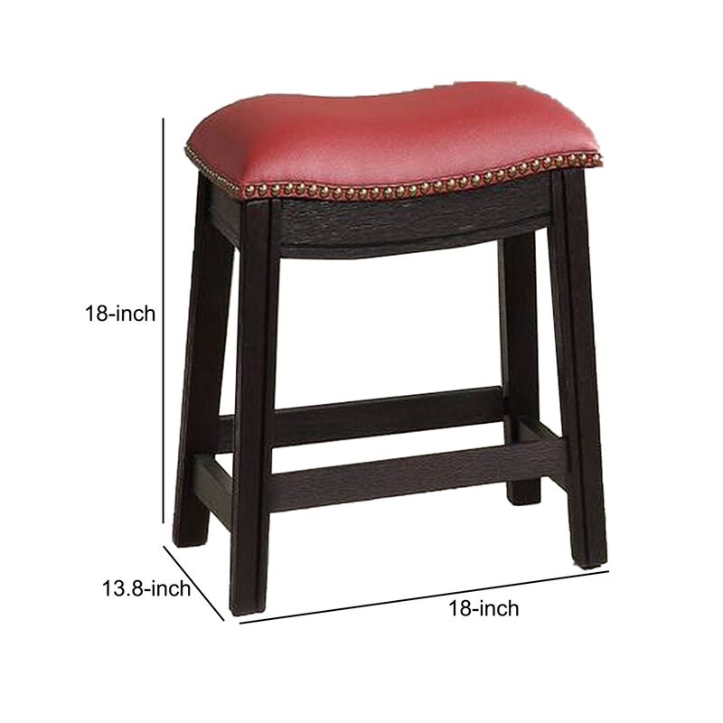 18 Inch Wooden Stool with Upholstered Cushion Seat, Set of 2, Gray and Red-Benzara