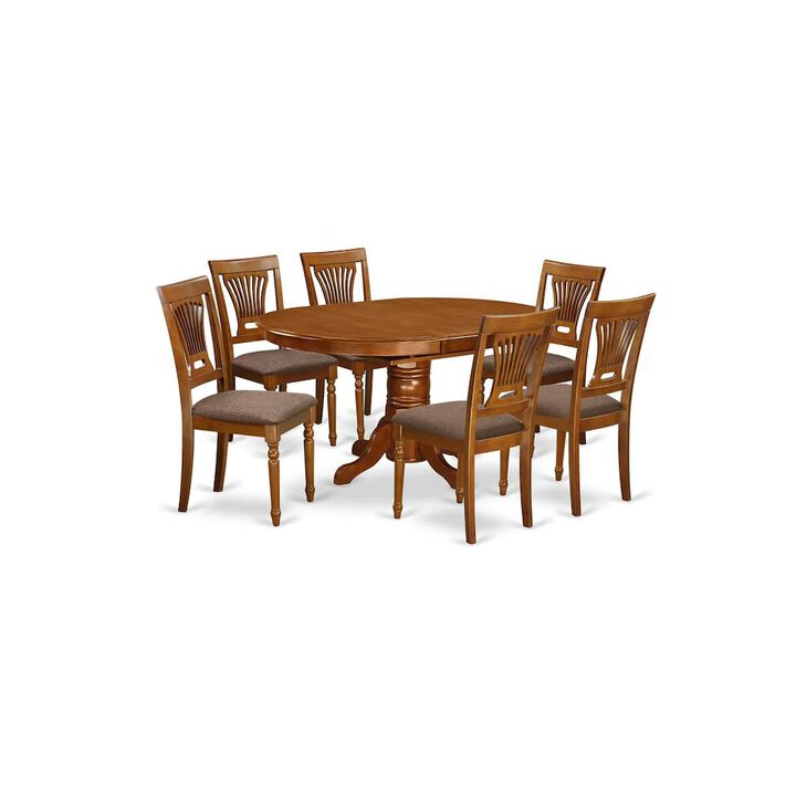 East West Furniture AVPL7-SBR-C 7 PcAvon Dining Table featuring Leaf and 6 Fabric Seat Chairs in Saddle Brown .