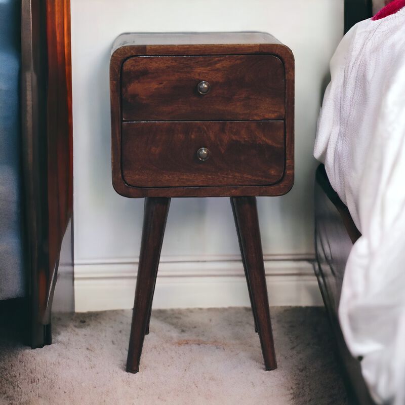 Mini Light Walnut  Solid Wood 2 Drawers Curved NightStand