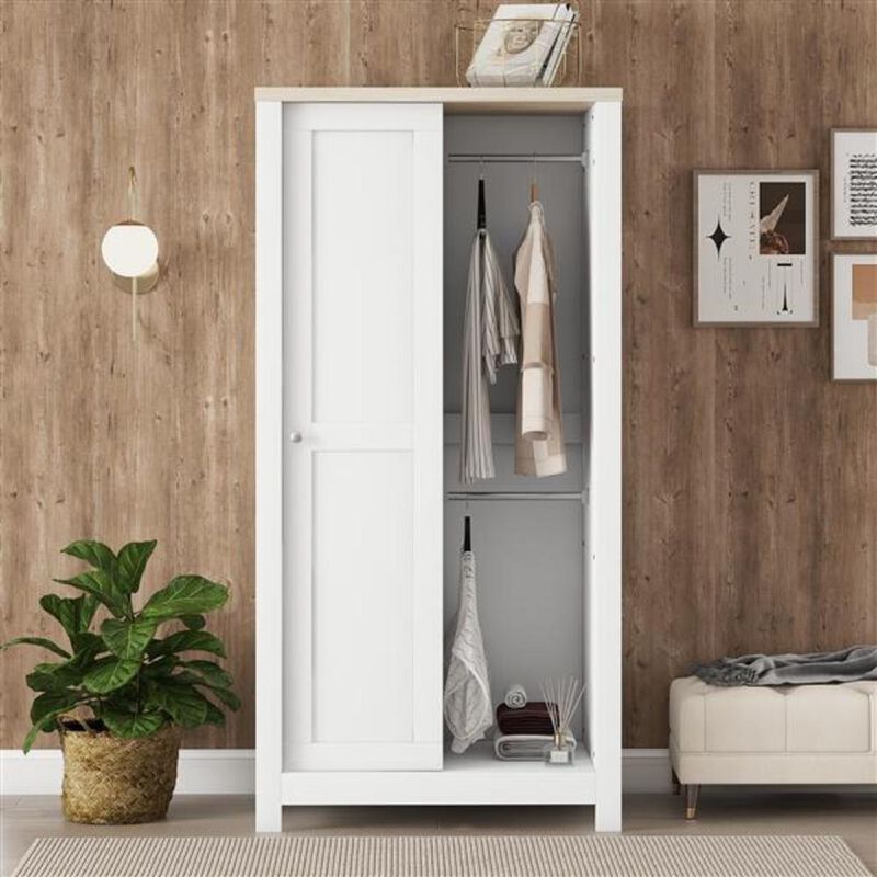 Bedroom Storage Wardrobe Closet with Hanging Rods, 2 Drawers, and Open Shelves for Organization