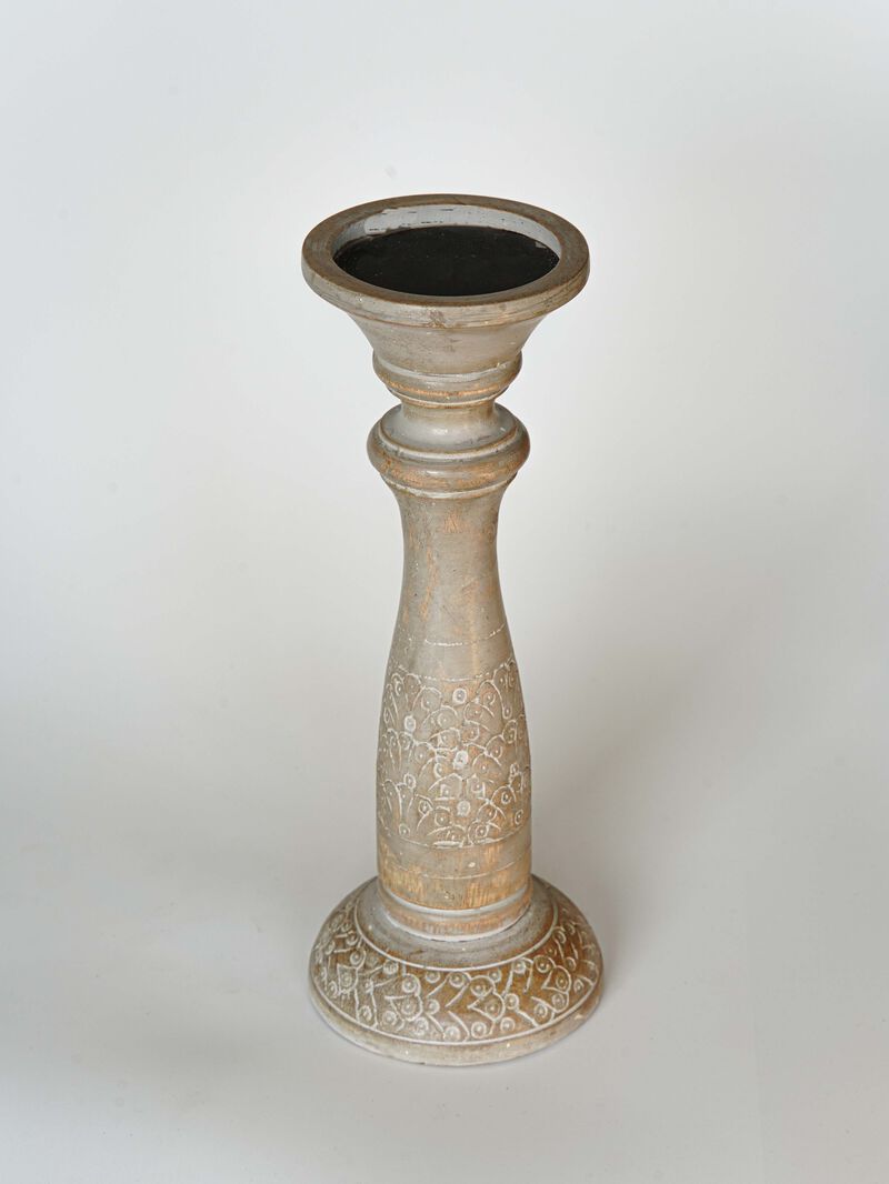 Traditional Gray Wash Eco-friendly Handmade Mango Wood Set Of One 12" Pillar Candle Holder BBH