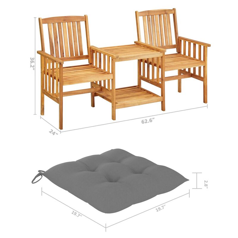 3pc Outdoor Tea Table and Chairs Set, Anthracite Gray, Acacia Wood - Benzara