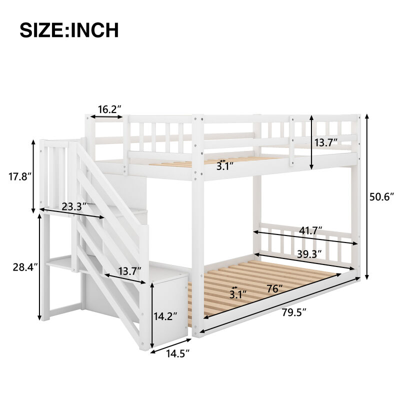 Twin Over Twin Floor Bunk Bed, Ladder With Storage