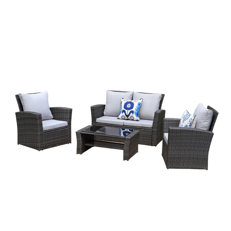 4-Pieces PE Rattan Wicker Outdoor Patio Furniture Set With Grey Cushions