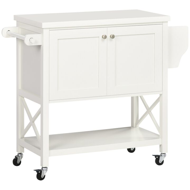 White Kitchen Helper: Mobile Island with Rubberwood Top & Storage