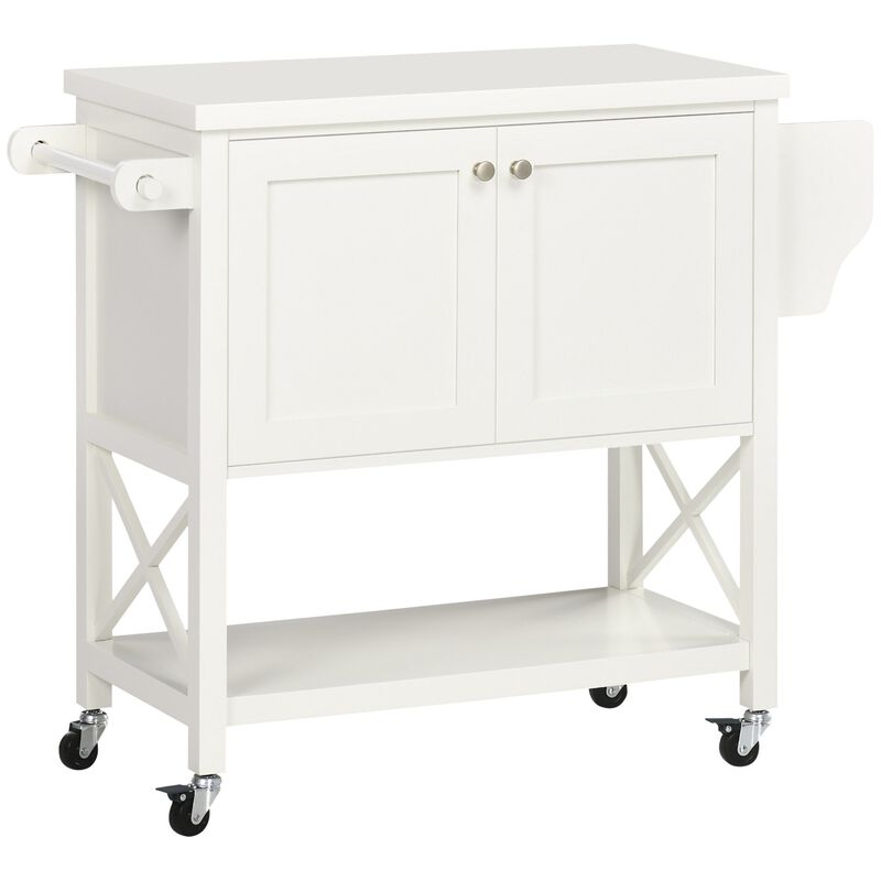 White Kitchen Helper: Mobile Island with Rubberwood Top & Storage