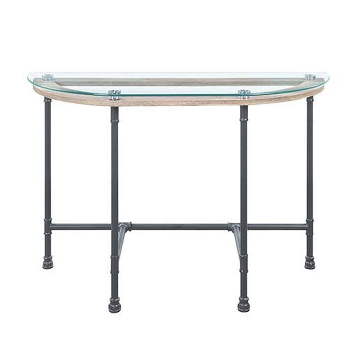 Wood Side Table, Oval Tempered Glass Top, Metal Pipe Style Legs, Clear Glass, Sandy Gray-Benzara